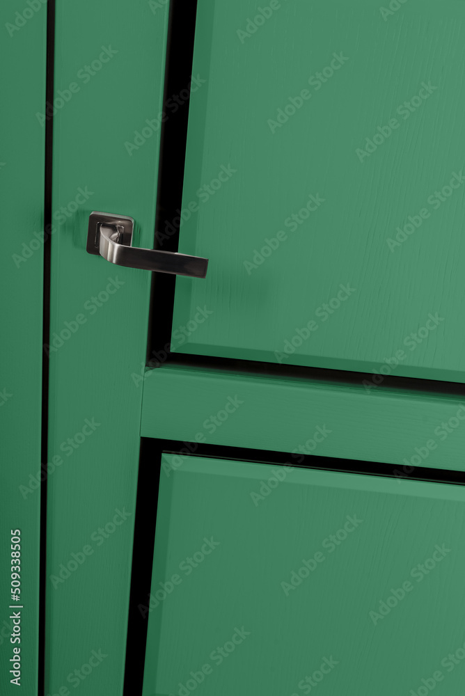 Modern chrome door handle on green bright door Modern chrome door handle on green bright door
