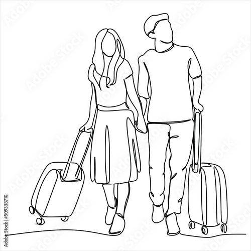 Continuous line drawing of a couple with a bag
