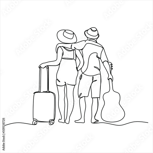 Continuous line drawing of a couple with a bag