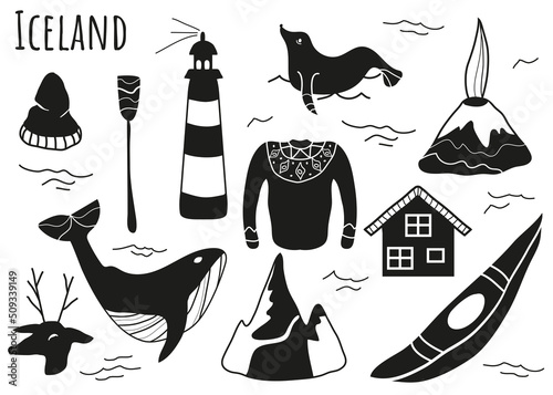Icelandic set. Vector illustration background. Mountains, seal, whale, sweater with ornament, paddle, boat, volcano, deer antlers, Icelandic house, hat, paddle, lighthouse. Traditions of the country.