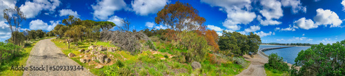 Granite Island, Australia. Beautiful vegetation along the ocean, panoramic view