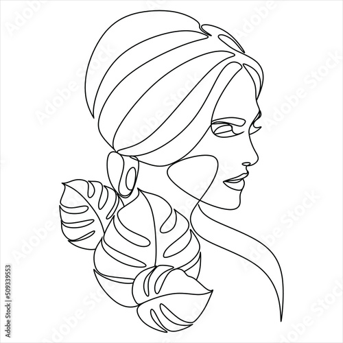 Abstract line art woman with Monstera contour drawing. Minimal art leaves on female head. Modern minimal black and white botanical illustration. Plant head face 