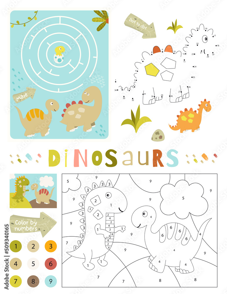 Dinosaurs Activity Pages for Kids. Printable Activity Sheet with Dino Mini Games – Maze Game, Dot to Dot, Color by Number. Vector illustration.