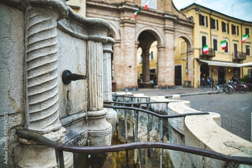 Detail of the Pigna fountain in Cavour Square in Rimini Italy