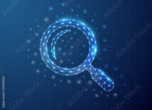 Magnifying glass polygonal symbol with binary code background. Analysis tool concept design illustration. Loupe low poly symbol with connected dots