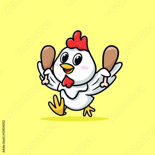 Cute chicken holding fried chicken while running cartoon