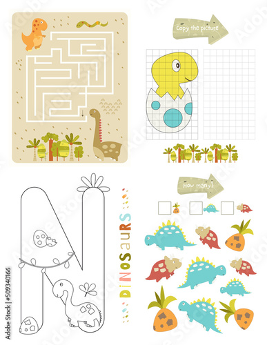 Dinosaurs Activity Pages for Kids. Printable Activity Sheet with Dino Mini Games – Maze Game, Copy the Picture, Coloring Letter N, How Many Dinosaurs. Vector illustration.