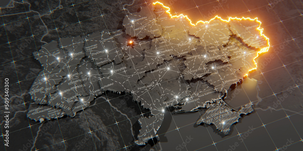 Military conflict between Ukraine and Russia. Concept map of war. cartography design. 3d render 