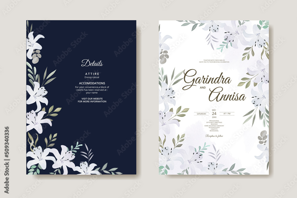 Elegant wedding invitation card with beautiful white navy blue floral ...