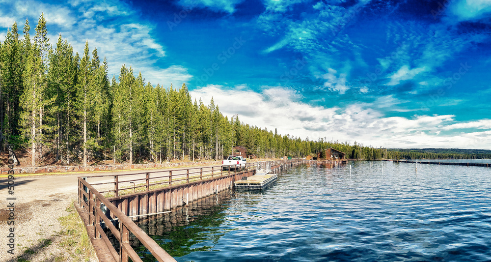 Naklejka premium Yellowstone lake and forest on a beautiful sunny morning - Panoramic view