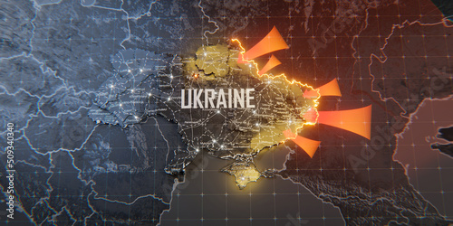 Military conflict between Ukraine and Russia. Concept map of war. cartography design. 3d render