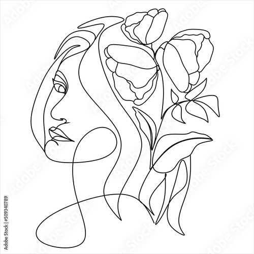 Abstract face with flowers by one line vector drawing. Portrait minimalistic style. Botanical print. Nature symbol of cosmetics. Modern continuous line art. Fashion print. Beaty salon logo.