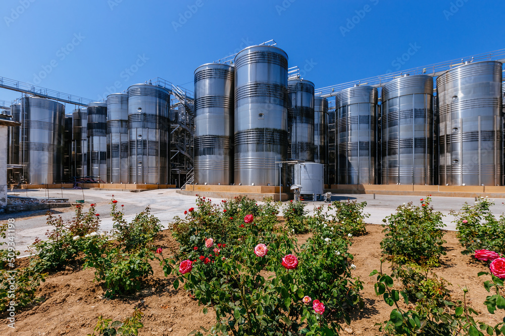 Modern winery. Stainless steel barrels for wine fermentation and roses