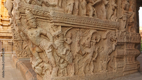 Carved  war Scene on the Pillars Shesharayar Mandapam, Sri Ranganathaswamy Temple, Srirangam, Trichy, Tamil Nadu, India photo
