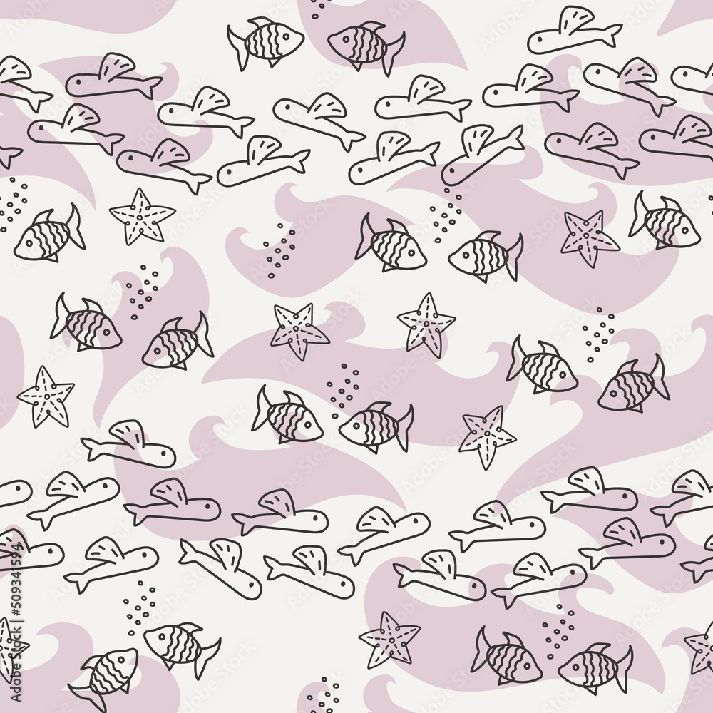 Naklejka premium Seamless pattern with shoals of fish. Print for textile, wallpaper, covers, surface. For fashion fabric. Retro stylization.