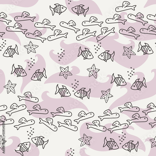 Seamless pattern with shoals of fish. Print for textile  wallpaper  covers  surface. For fashion fabric. Retro stylization.