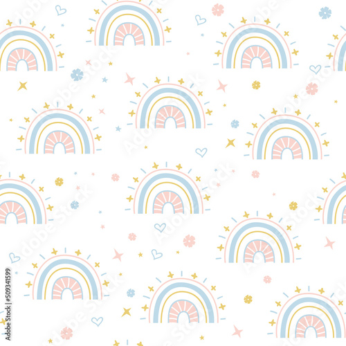 Seamless pattern with pastel rainbows. Print for textile, wallpaper, covers, surface. For fashion fabric. Retro stylization.