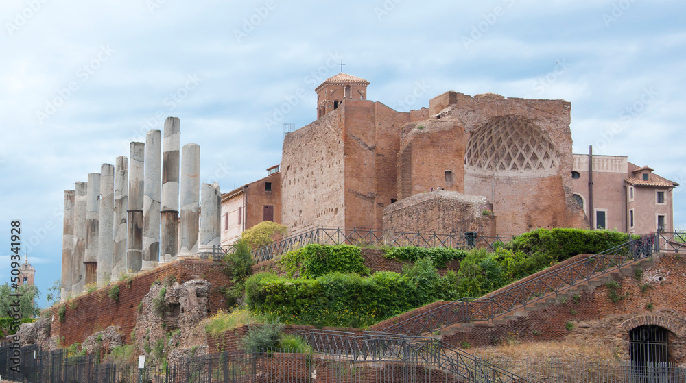 Ancient architecture of Temple of Venus and Roma on Velian Hill tourist attraction in Rome, Italy
