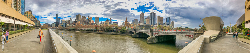 Melbourne, Australia - September 6, 2018: Panoramic view of Melbourne skyline along Yarra river