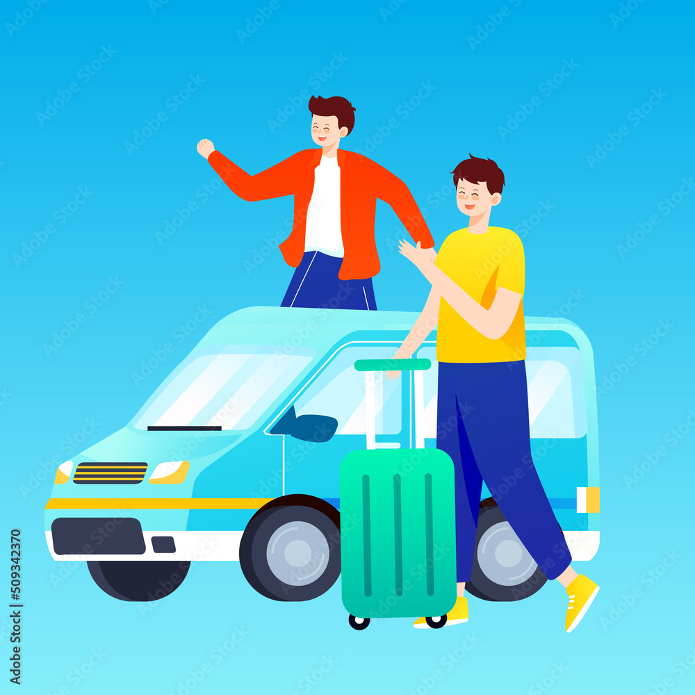 People travel in cars after vacation with various plants and buildings in the background, vector illustration People travel in cars after vacation with various plants and buildings in the background, vector illustration