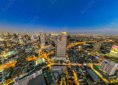 Aerial view of Saphan Taksin district near the Taksin bridge and Chao Phraya river, Bangkok, Thailand