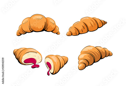 Set of appetizing hot croissants. Fresh bakery. Croissant cut in half with red jam. Hand-drawn bake. Doodle. Isolated on white background.