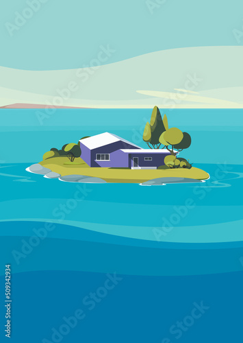 Seascape with purple house on island. Natural landscape in vertical format.