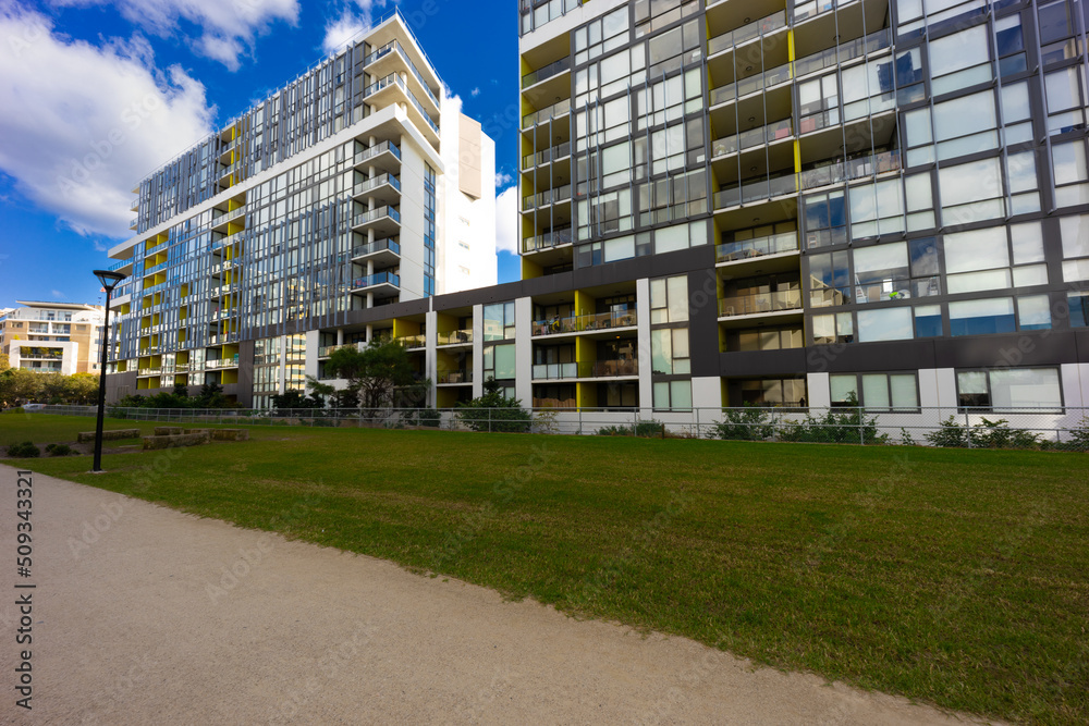 Residential high rise apartment building in inner Sydney suburb NSW Australia. Residential complex in leafy suburbia. Urban living high density suburban city 