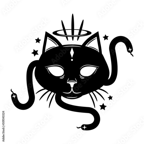 Black demon face cat with tail snake and stars on white background boho tattoo icon vector design.