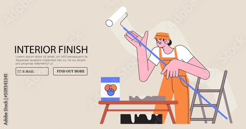 Home repair. Cartoon female service worker make renovation. Professional builder make interior finish, paint walls. Vector illustration for building and repair studio or agency banner, advertisement.