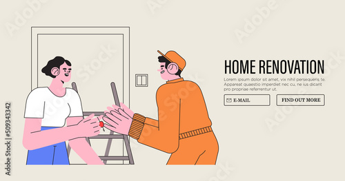 Home repair. Cartoon service workers renovation order. Woman give keys from her flat, home or house to professional builders brigade. Vector foreman job concept for banner, website advertisement.