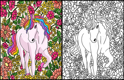 Unicorn Flowers Coloring Page for Adults Colored
