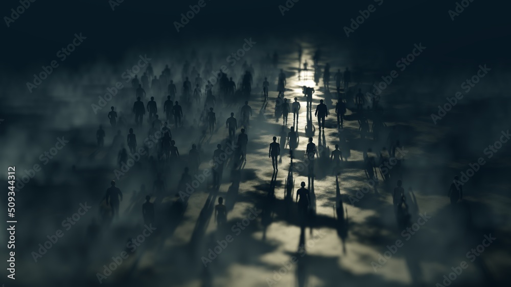 People go to the night. Blue fog. The crowd is moving into the distance. Throng goes in one direction.
Mysterious world. Way to paradise. 3D rendering - obrazy, fototapety, plakaty 
