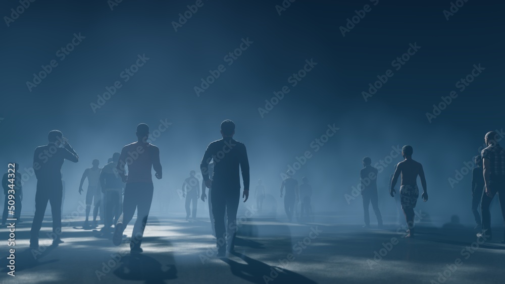 People go to the night. Blue fog. The crowd is moving into the distance. Throng goes in one direction.
Mysterious world. Way to paradise. 3D rendering