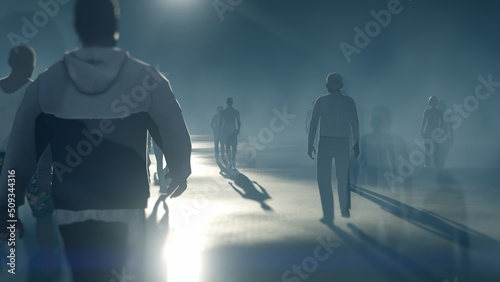 People go to the night. Blue fog. The crowd is moving into the distance. Throng goes in one direction.
Mysterious world. Way to paradise. 3D rendering