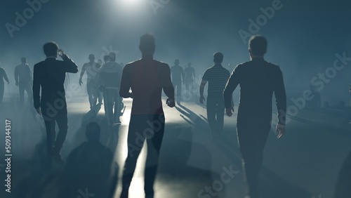 People go to the night. Blue fog. The crowd is moving into the distance. Throng goes in one direction. Mysterious world. Way to paradise. 3D rendering