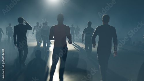 People go to the night. Blue fog. The crowd is moving into the distance. Throng goes in one direction.
Mysterious world. Way to paradise. 3D rendering