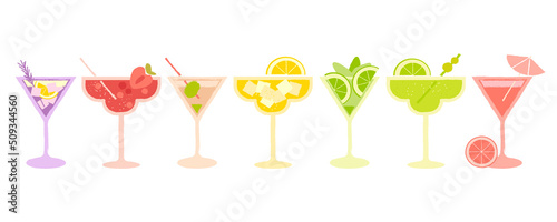  Martini cocktail set. Flat textural vector illustration. Alcoholic refreshing summer drinks. Set cocktails in minimalist style. Bar drink glasses illustration