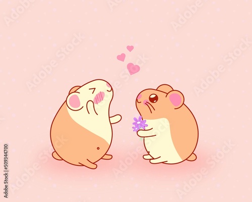 guinea pig gives flowers to guinea pig with love