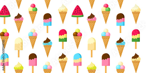 Ice cream seamless pattern vector, cute summer background, ice cream cone and popsicle, cartoon sweet food print, funny texture. Tropical illustration