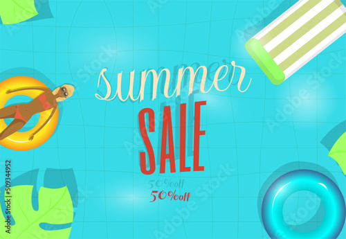 template with the inscription summer sale on the background of the pool on top. Design of advertising banners.