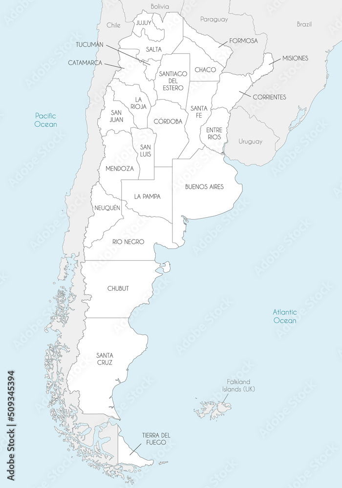 Vector map of Argentina with provinces or federated states and administrative divisions, and neighbouring countries and territories. Editable and clearly labeled layers.