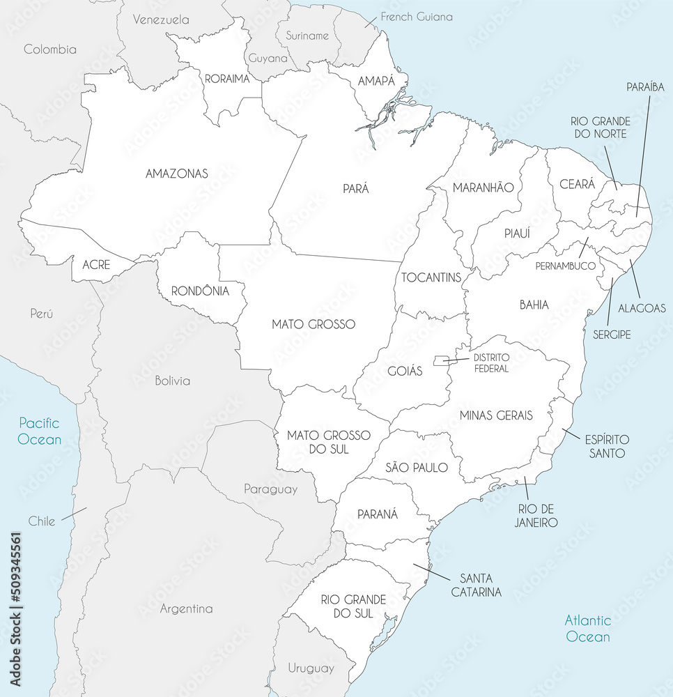 Vector map of Brazil with states and administrative divisions, and neighbouring countries and territories. Editable and clearly labeled layers.
