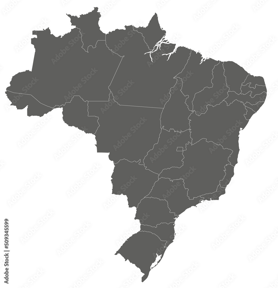 Vector blank map of Brazil with regions or states and administrative divisions. Editable and clearly labeled layers.