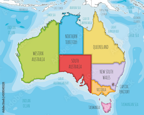 Vector illustrated map of Australia with regions and administrative divisions  and neighbouring countries and territories. Editable and clearly labeled layers.