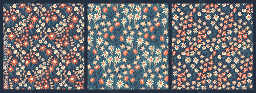 Seamless pattern with liberty meadow, decorative floral arrangement on a blue background in a set. Beautiful botanical print, ditsy surface design with small flowers, leaves. Vector illustration.