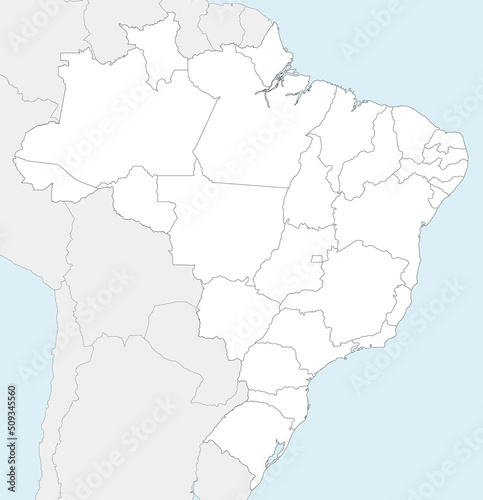 Vector blank map of Brazil with states and administrative divisions, and neighbouring countries and territories. Editable and clearly labeled layers.