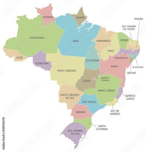 Vector map of Brazil with regions or states and administrative divisions. Editable and clearly labeled layers.