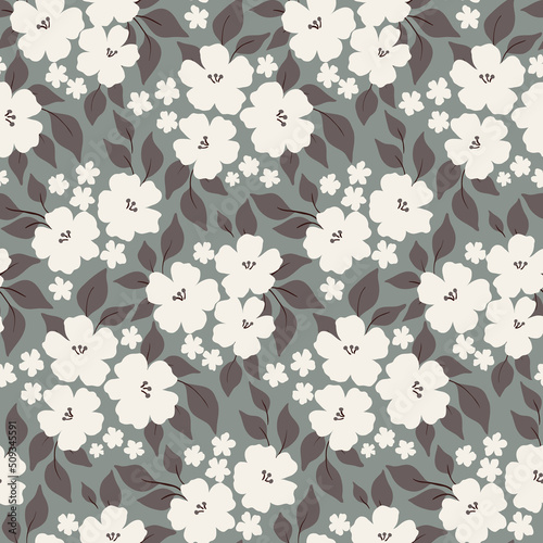 Seamless pattern with white flowers in rustic style. Pretty floral print, delicate botanical background with small hand drawn flowers, leaves on a blue field. Romantic botanical surface design. Vector
