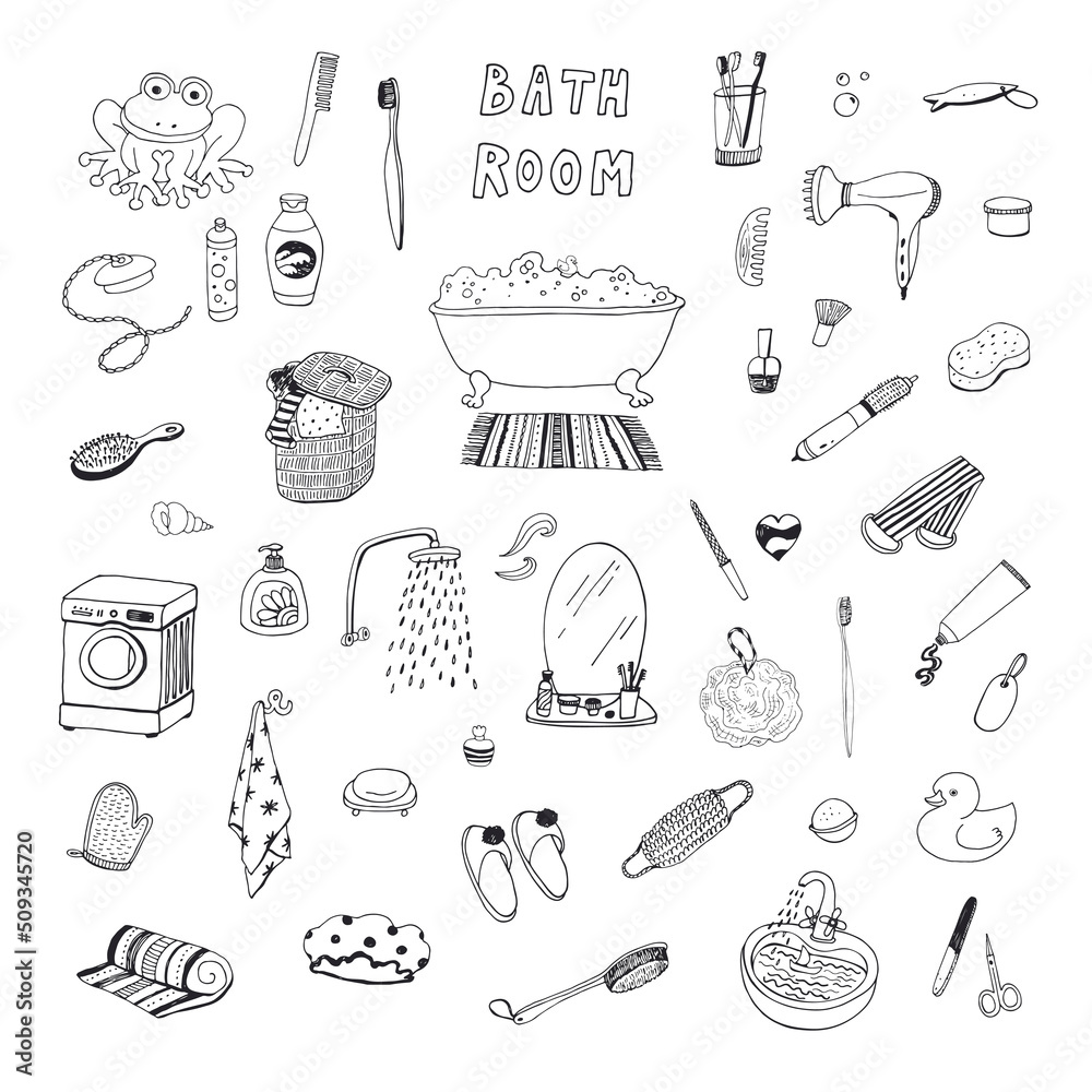 Bathroom objects vector line illustrations set